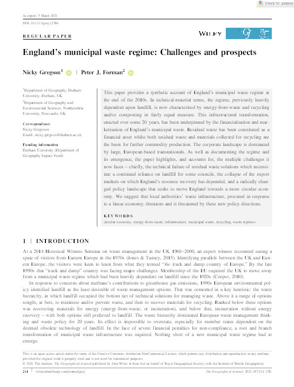 England’s municipal waste regime: challenges and prospects Thumbnail