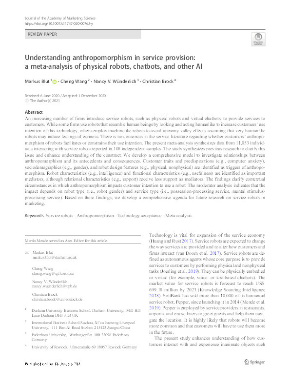 Understanding Anthropomorphism in Service Provision: A Meta-Analysis of Physical Robots, Chatbots, and other AI Thumbnail