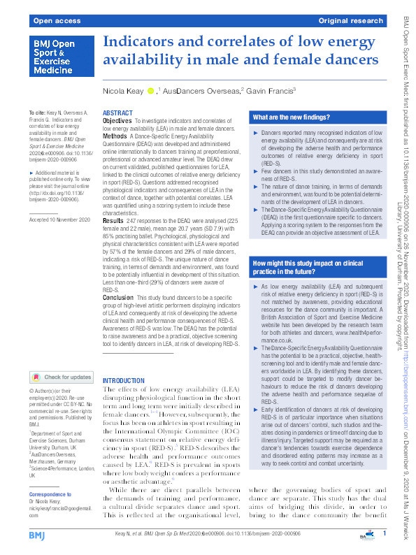 Indicators and correlates of low energy availability in male and female dancers Thumbnail