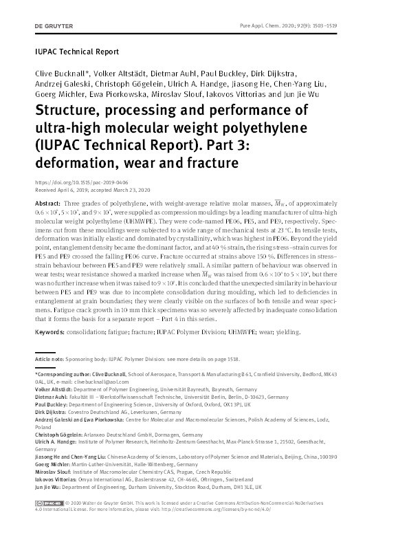 Structure, processing and performance of ultra-high molecular weight polyethylene (IUPAC Technical Report). Part 3: deformation, wear and fracture Thumbnail