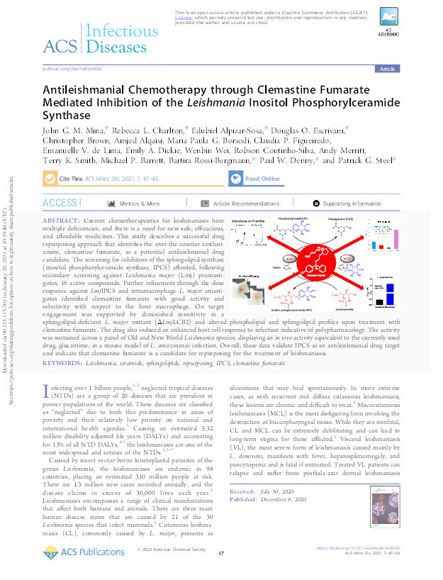 Antileishmanial Chemotherapy through Clemastine Fumarate Mediated Inhibition of the Leishmania Inositol Phosphorylceramide Synthase Thumbnail