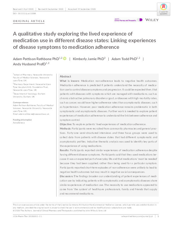 A qualitative study exploring the lived experience of medication use in different disease states: linking experiences of disease symptoms to medication adherence Thumbnail