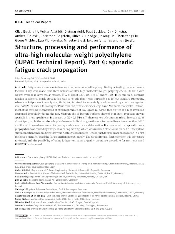 Structure, processing and performance of ultra-high molecular weight polyethylene (IUPAC Technical Report). Part 4: sporadic fatigue crack propagation Thumbnail