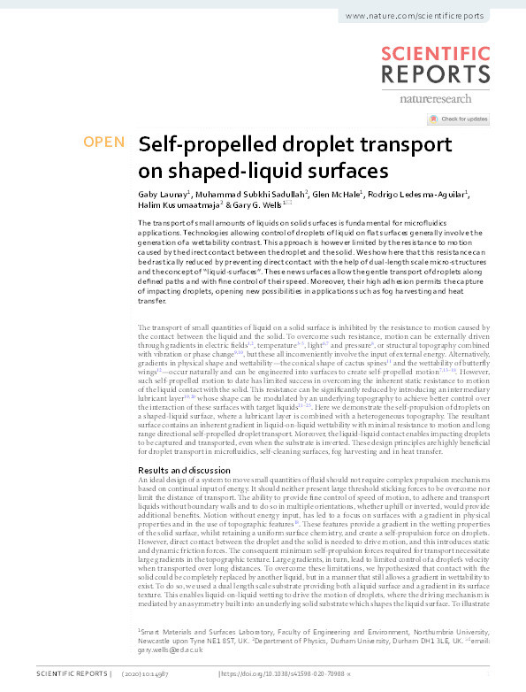 Self-propelled droplet transport on shaped-liquid surfaces Thumbnail