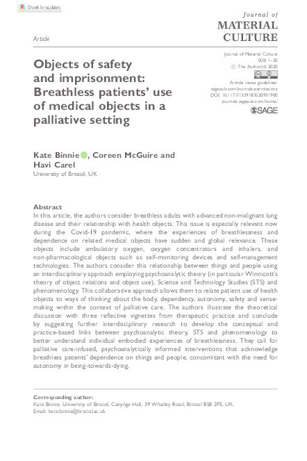 Objects of safety and imprisonment: Breathless patients’ use of medical objects in a palliative setting Thumbnail