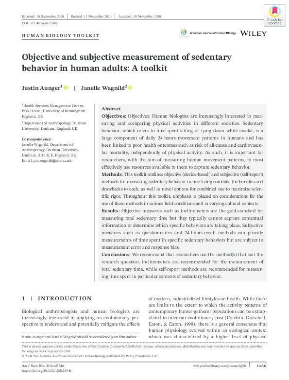 Objective and subjective measurement of sedentary behavior in human adults: A toolkit Thumbnail