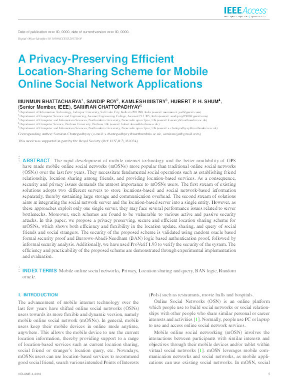 A Privacy-Preserving Efficient Location-Sharing Scheme for Mobile Online Social Network Applications Thumbnail