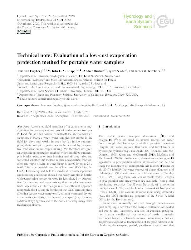 Technical note: Evaluation of a low-cost evaporation protection method for portable water samplers Thumbnail