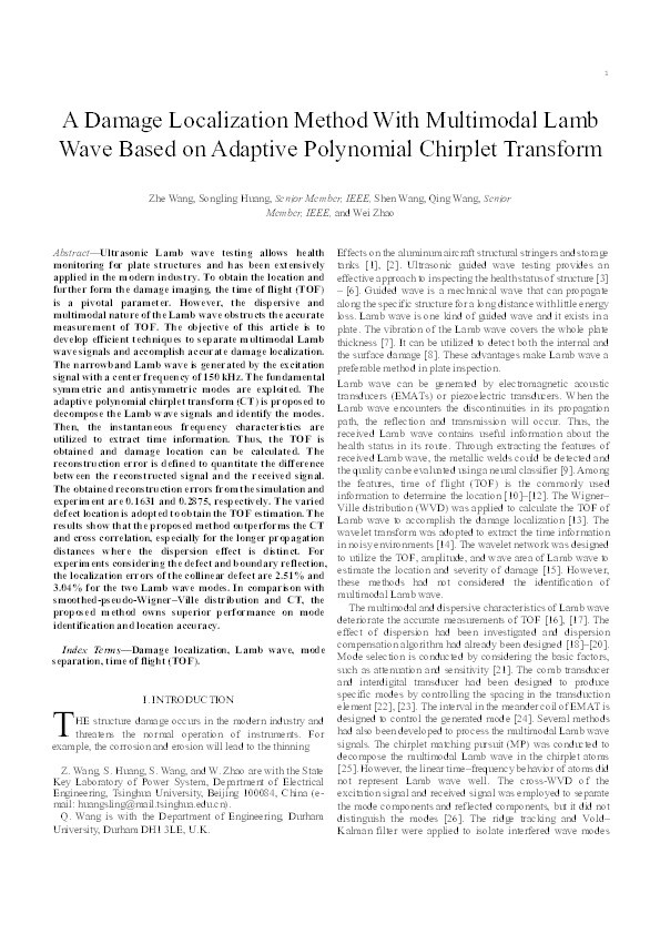 A Damage Localization Method With Multimodal Lamb Wave Based on Adaptive Polynomial Chirplet Transform Thumbnail