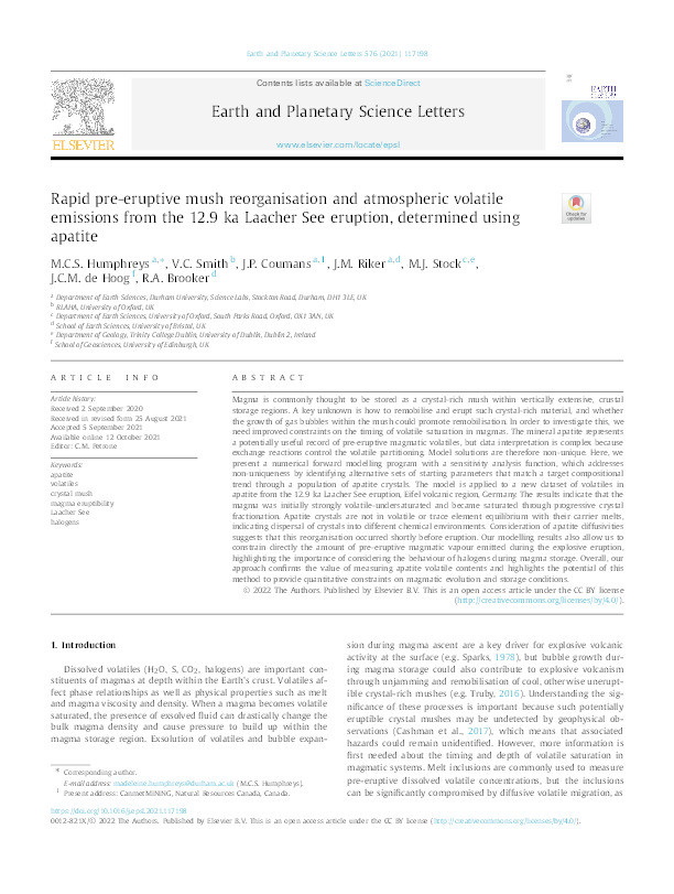 Rapid pre-eruptive mush reorganisation and atmospheric volatile emissions from the 12.9 ka Laacher See eruption, determined using apatite Thumbnail