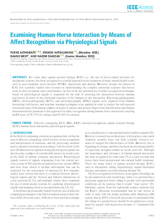 Examining Human-Horse Interaction by Means of Affect Recognition via Physiological Signals Thumbnail