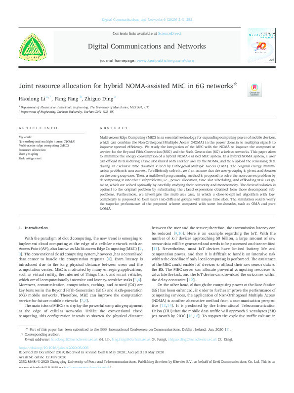 Joint Resource Allocation for Hybrid NOMA Assisted MEC in 6G Networks Thumbnail