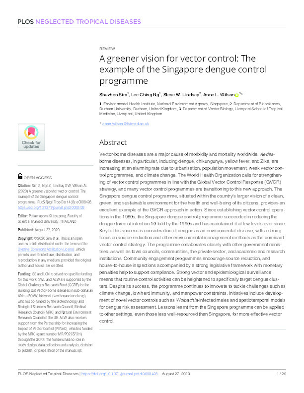 A greener vision for vector control: The example of the Singapore dengue control programme Thumbnail