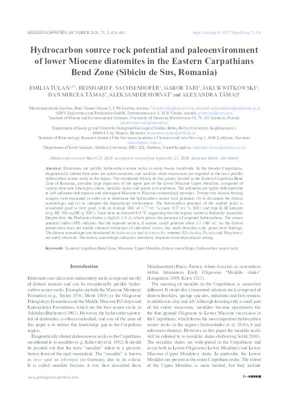 Hydrocarbon source rock potential and paleoenvironment of lower Miocene diatomites in the Eastern Carpathians Bend Zone (Sibiciu de Sus, Romania) Thumbnail