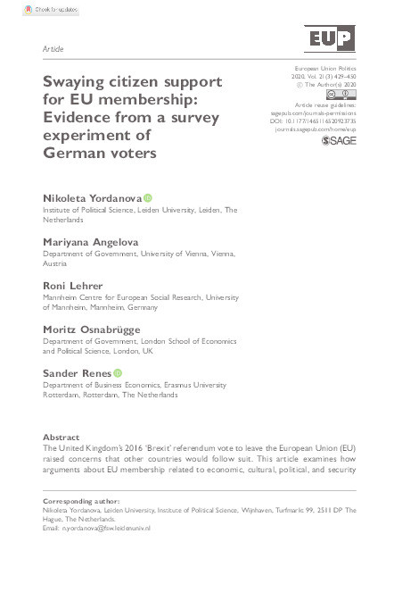 Swaying Citizen Support for EU Membership: Evidence from a Survey Experiment of German Voters Thumbnail