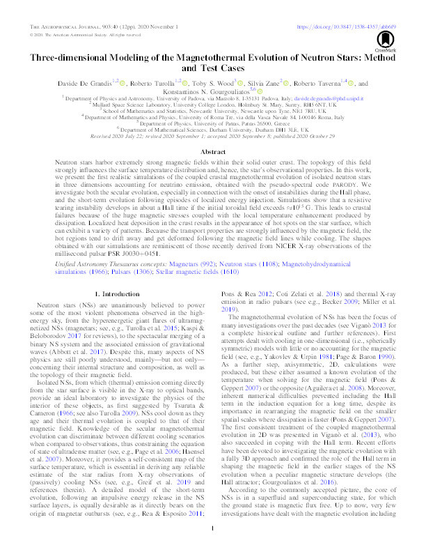 Three-dimensional Modeling of the Magnetothermal Evolution of Neutron Stars: Method and Test Cases Thumbnail