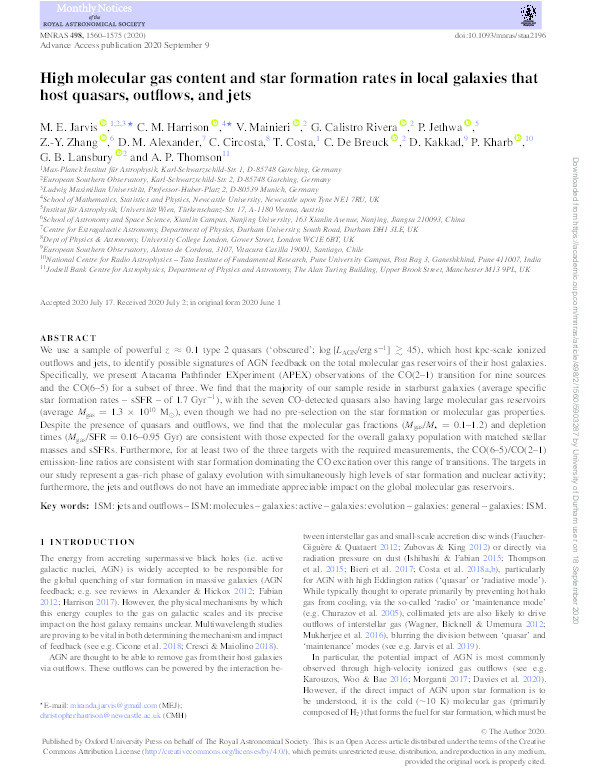 High molecular gas content and star formation rates in local galaxies that host quasars, outflows and jets Thumbnail