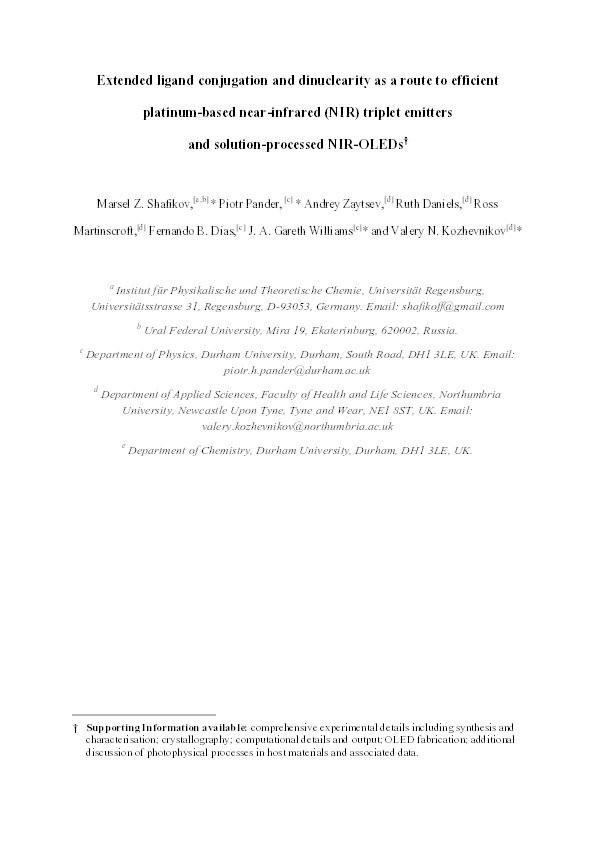 Extended ligand conjugation and dinuclearity as a route to efficient platinum-based near-infrared (NIR) triplet emitters and solution-processed NIR-OLEDs Thumbnail