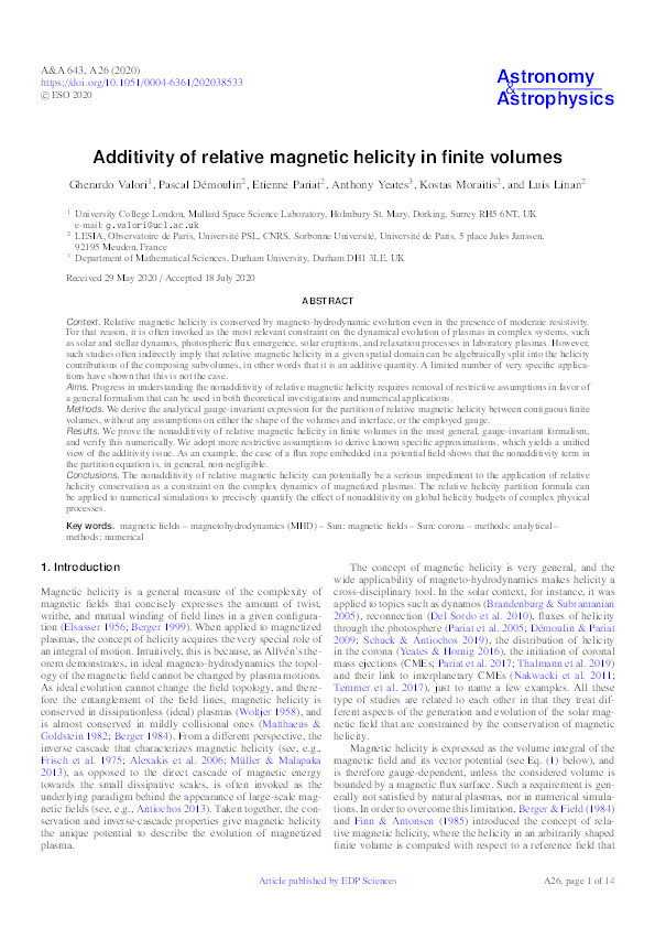 Additivity of relative magnetic helicity in finite volumes Thumbnail