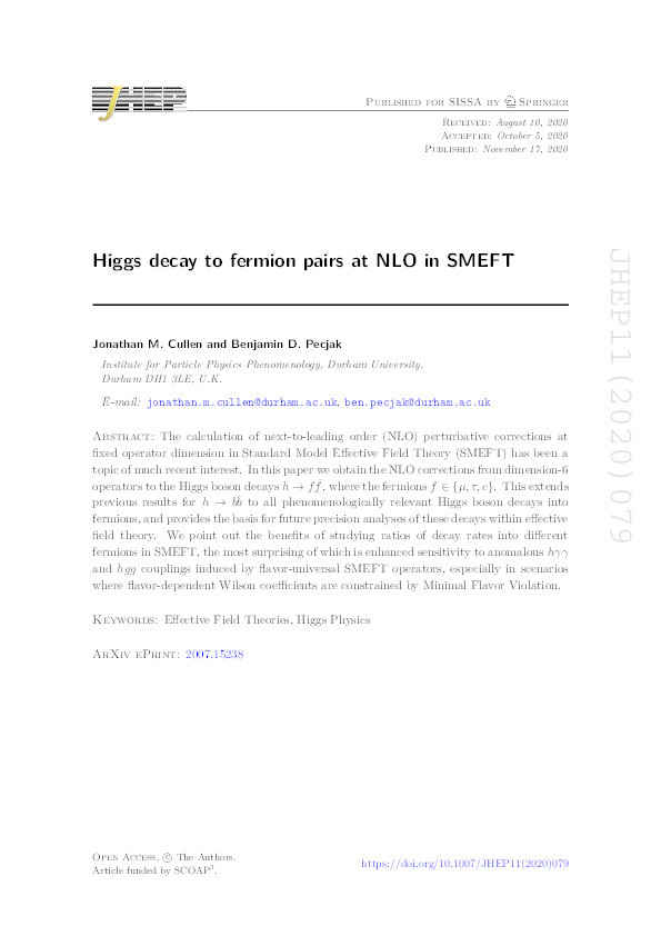 Higgs decay to fermion pairs at NLO in SMEFT Thumbnail
