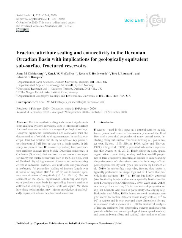 Fracture attribute scaling and connectivity in the Devonian Orcadian Basin with implications for geologically equivalent sub-surface fractured reservoirs Thumbnail