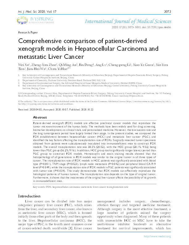 Comprehensive comparison of patient-derived xenograft models in Hepatocellular Carcinoma and metastatic Liver Cancer Thumbnail