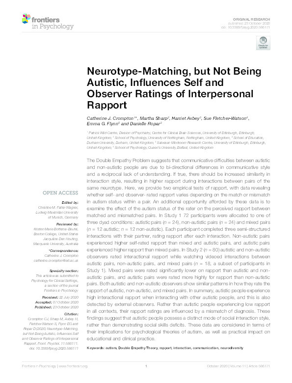 Neurotype-Matching, but Not Being Autistic, Influences Self and Observer Ratings of Interpersonal Rapport Thumbnail