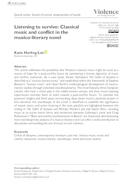 Listening to survive: Classical music and conflict in the musico-literary novel Thumbnail