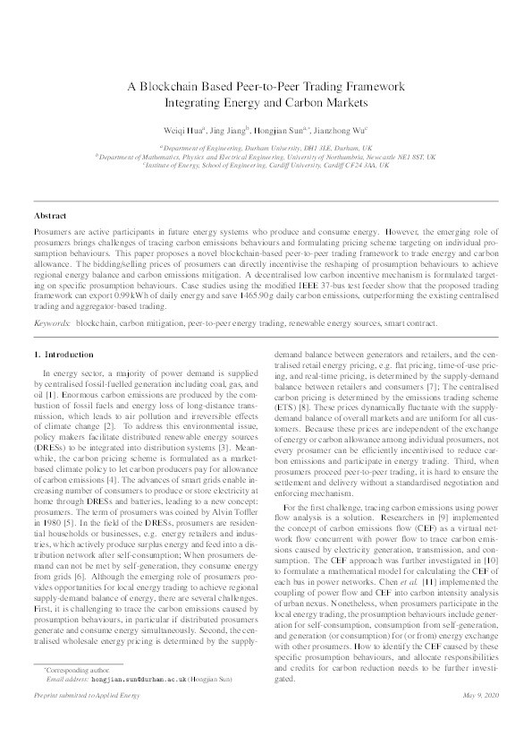 A Blockchain Based Peer-to-Peer Trading Framework Integrating Energy and Carbon Markets Thumbnail