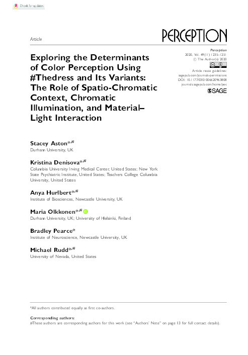 Exploring the Determinants of Color Perception Using #Thedress and Its Variants: The Role of Spatio-Chromatic Context, Chromatic Illumination, and Material–Light Interaction Thumbnail