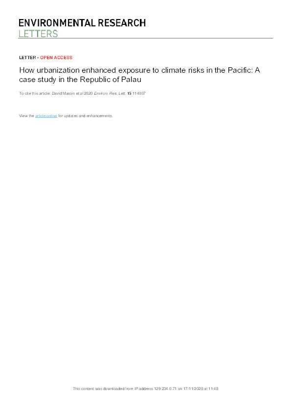 How urbanization enhanced exposure to climate risks in the Pacific: A case study in the Republic of Palau Thumbnail