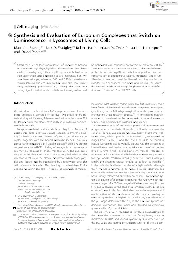 Synthesis and Evaluation of Europium Complexes that Switch On Luminescence in Lysosomes of Living Cells Thumbnail