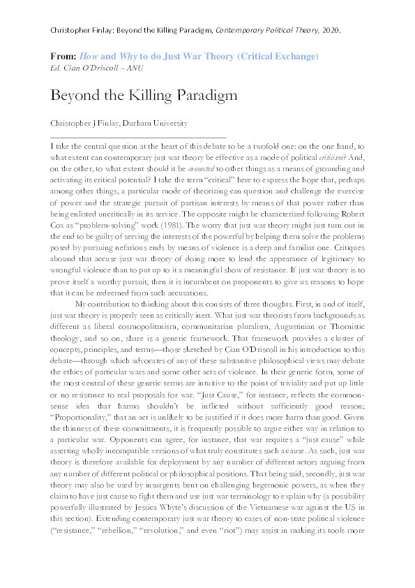 Beyond the Killing Paradigm (Part of a Critical Exchange: How and Why to Do Just War Theory) Thumbnail