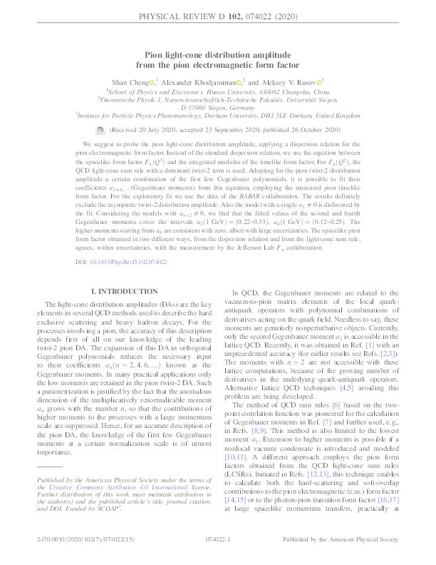 Pion light-cone distribution amplitude from the pion electromagnetic form factor Thumbnail