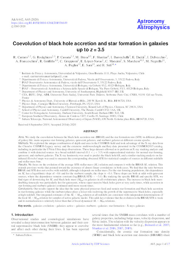 Coevolution of black hole accretion and star formation in galaxies up to z = 3.5 Thumbnail