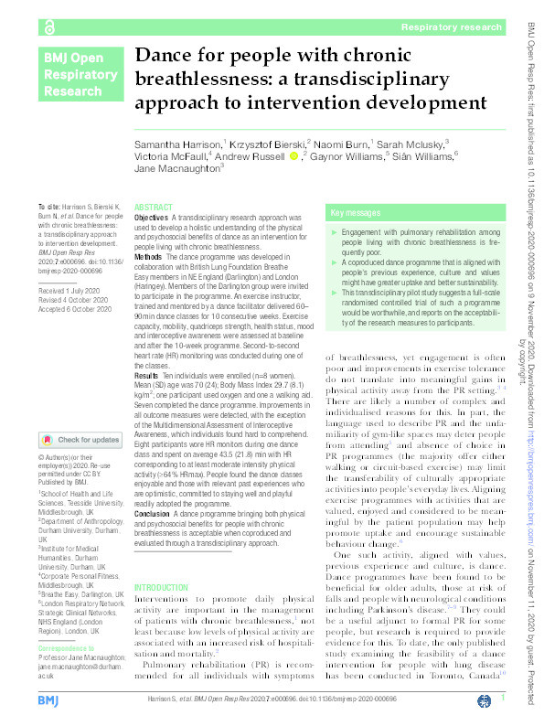 Dance for people with chronic breathlessness: a transdisciplinary approach to intervention development Thumbnail