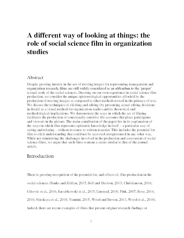A different way of looking at things: the role of social science film in organization studies Thumbnail