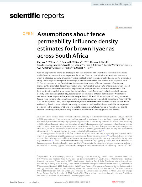 Assumptions about fence permeability influence density estimates for brown hyaenas across South Africa Thumbnail