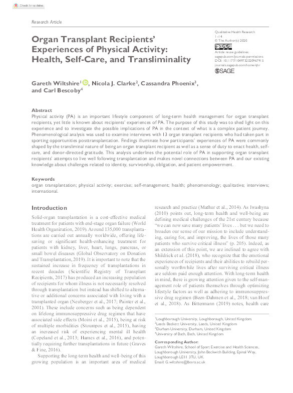 Organ Transplant Recipients’ Experiences of Physical Activity: Health, Self-Care, and Transliminality Thumbnail