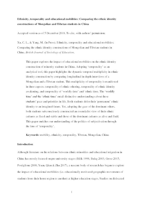 Ethnicity, temporality and educational mobilities: comparing the ethnic identity constructions of Mongolian and Tibetan students in China Thumbnail