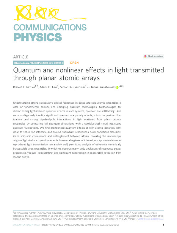 Quantum and nonlinear effects in light transmitted through planar atomic arrays Thumbnail