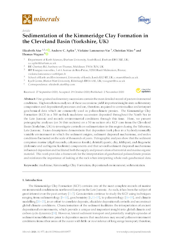 Sedimentation of the Kimmeridge Clay Formation in the Cleveland Basin (Yorkshire, UK) Thumbnail