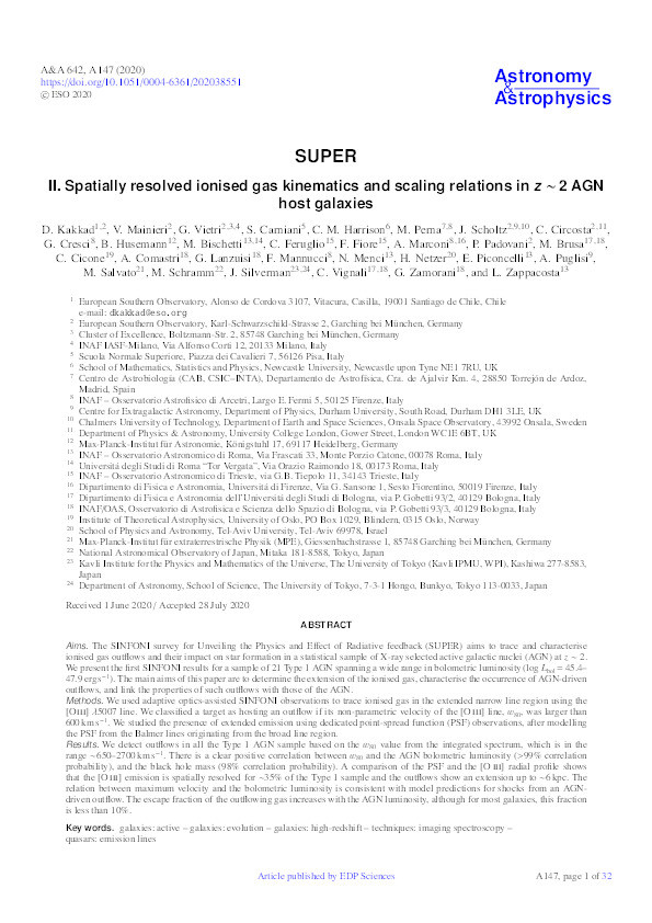 SUPER: II. Spatially resolved ionised gas kinematics and scaling relations in z  ∼  2 AGN host galaxies Thumbnail