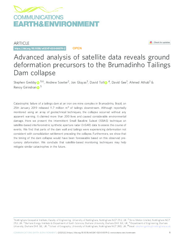 Advanced analysis of satellite data reveals ground deformation precursors to the Brumadinho Tailings Dam collapse Thumbnail