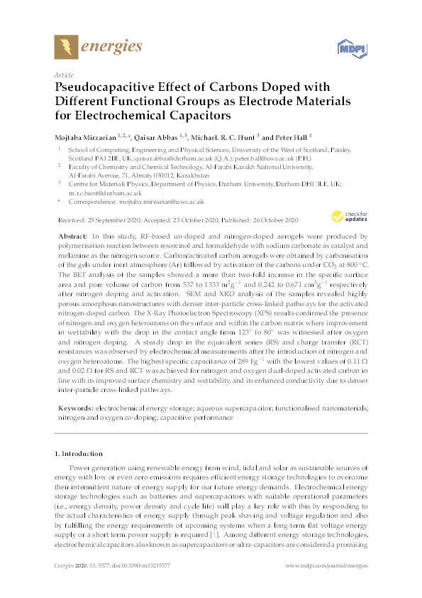 Pseudocapacitive Effect of Carbons Doped with Different Functional Groups as Electrode Materials for Electrochemical Capacitors Thumbnail