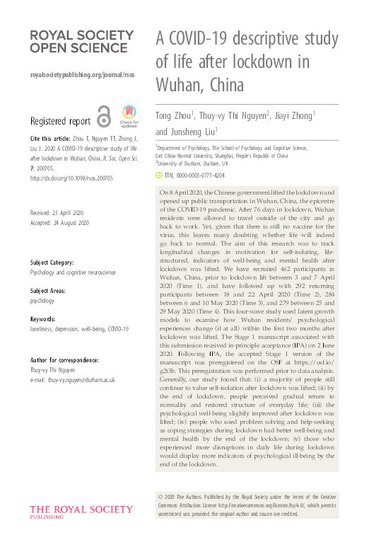A COVID-19 descriptive study of life after lockdown in Wuhan, China Thumbnail