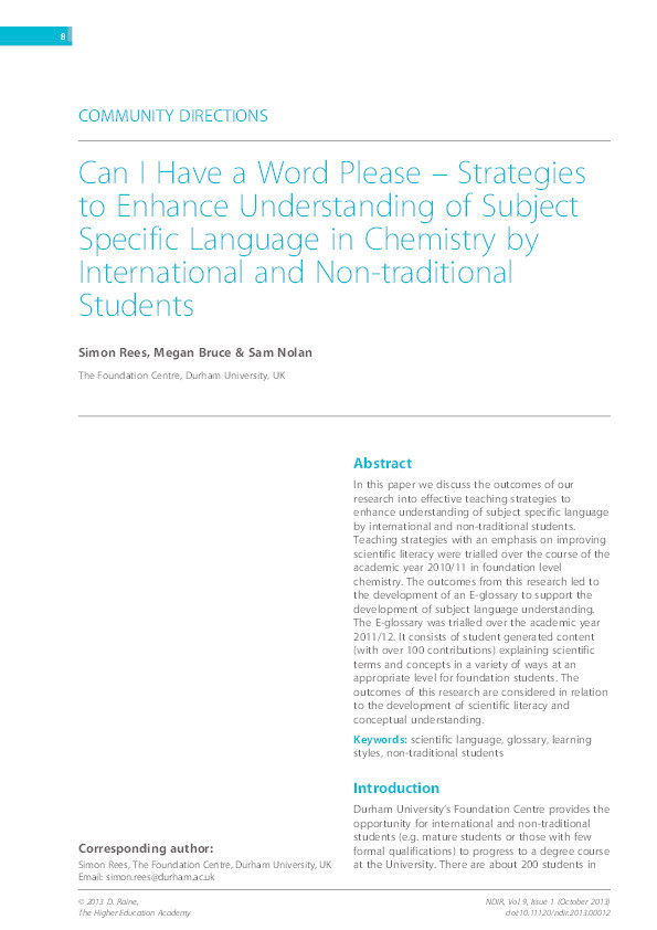 Can I have a word please: Strategies to enhance understanding of subject specific language in chemistry by international and non-traditional students Thumbnail
