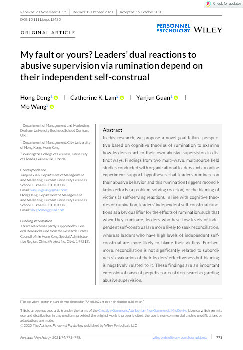 My fault or yours? leaders’ dual reactions to abusive supervision via rumination depend on their independent self‐construal Thumbnail