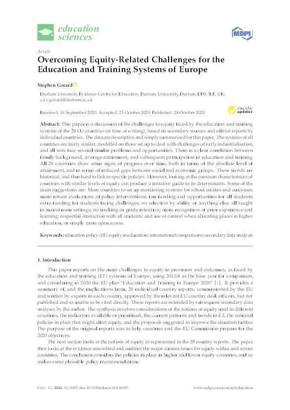 Overcoming Equity-Related Challenges for the Education and Training Systems of Europe Thumbnail