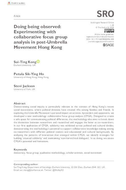 Doing being observed: Experimenting with collaborative focus group analysis in post-Umbrella Movement Hong Kong Thumbnail